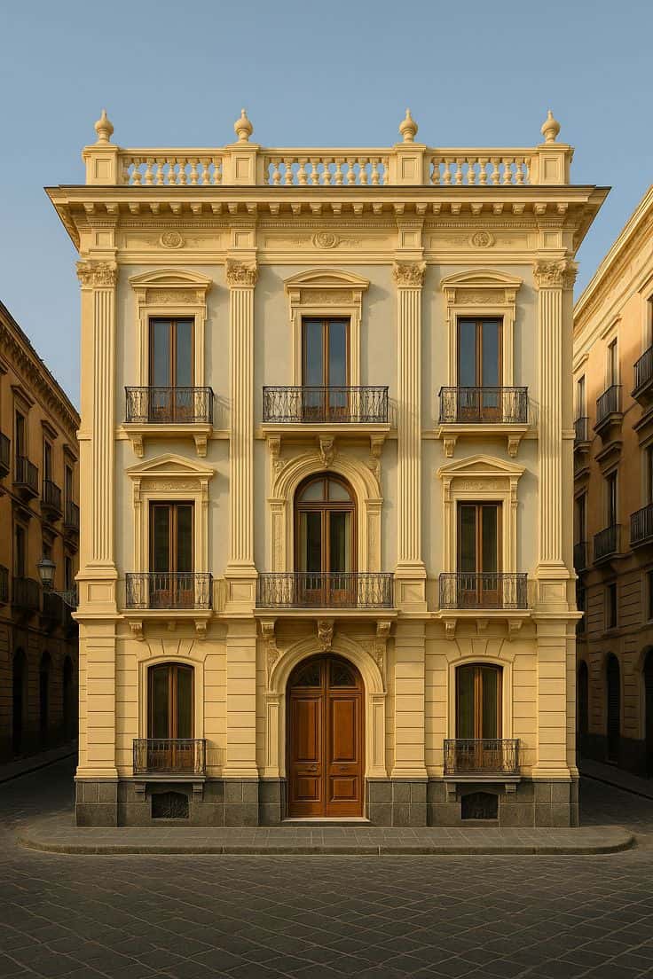 Fachada clásica de un edificio de viviendas con balcones de forja